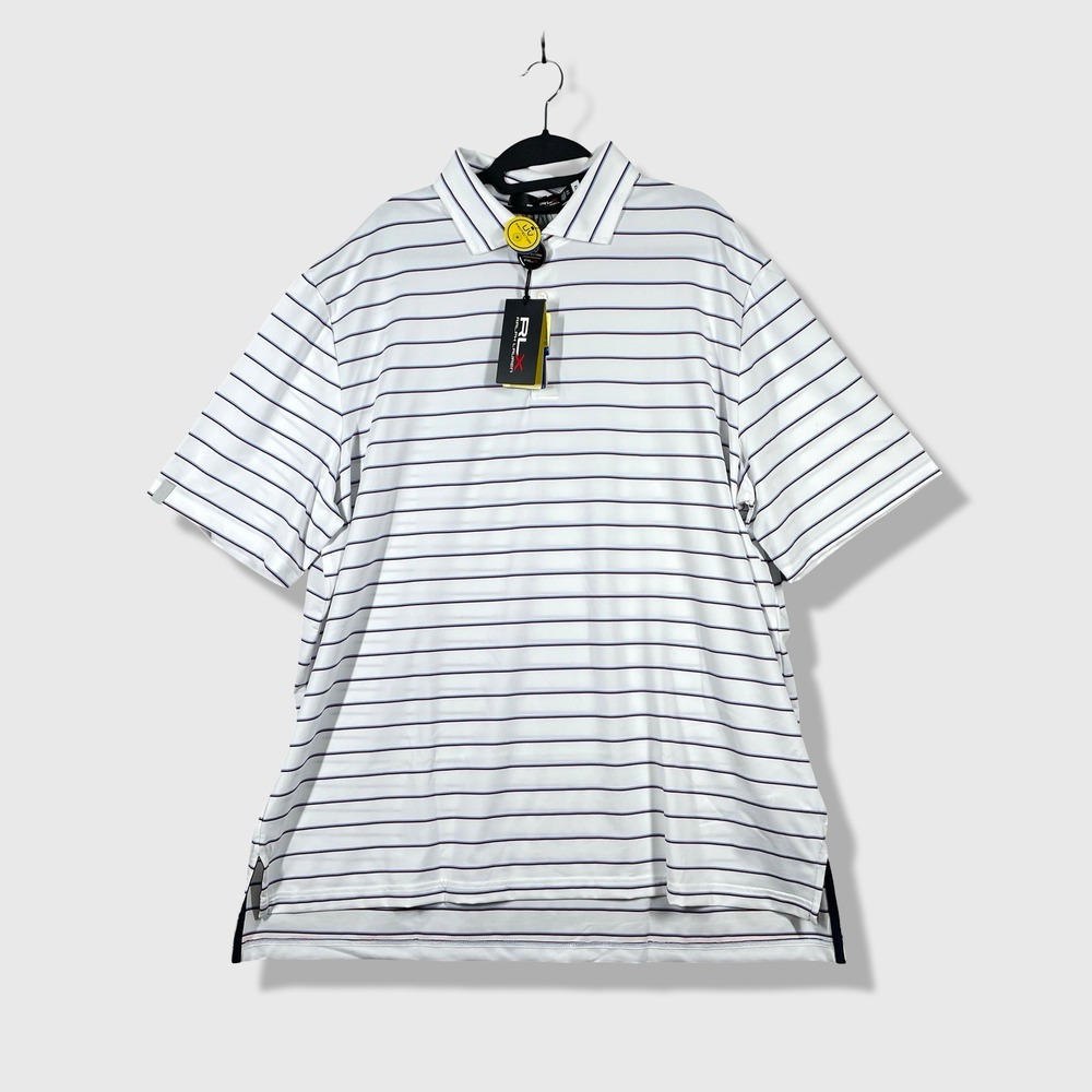 RLX Ralph Lauren Polo Shirt Men XXL White Striped Golf Performance UV Protection